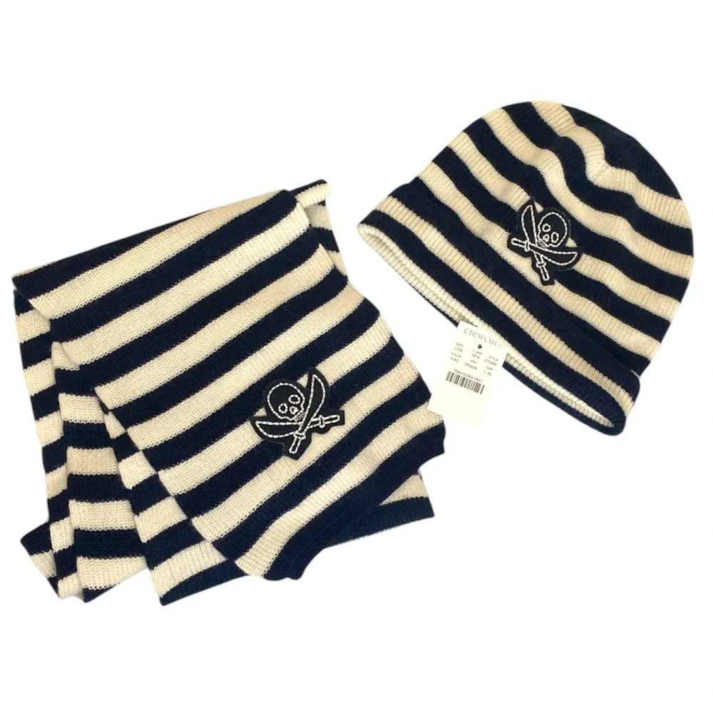 Crewcuts Scarf and Hat Set NWT Blue Ivory Stripe Unisex Wool Blend Skull Warm